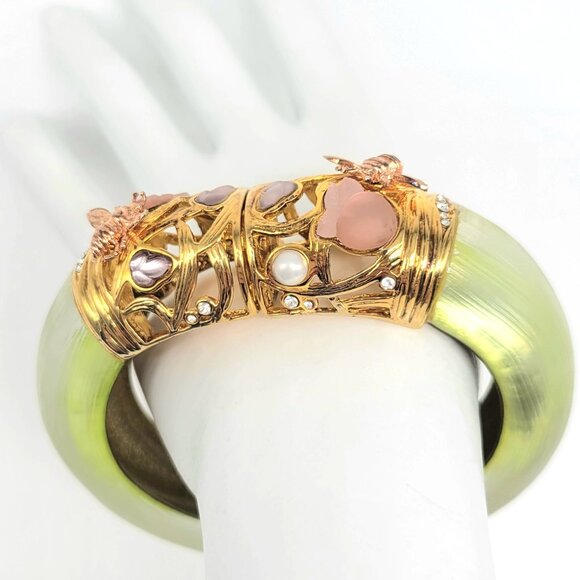 Alexis Bittar Yellow Lucite Swarovski Crystal Bee Garden Hinged Bangle Bracelet - Picture 8 of 11